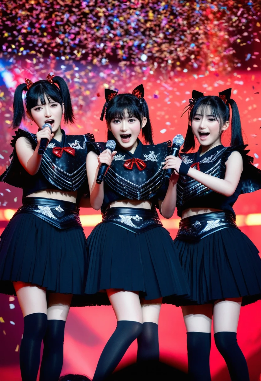 award winning picture of idols on stage, cute 3girls, japanese, black clothes, navel, detailed face, sing, sweat, [close-up], babymetal, japanese concert, cinematic, rich color, 8k, hdr, crowd, confetti, amazing music
