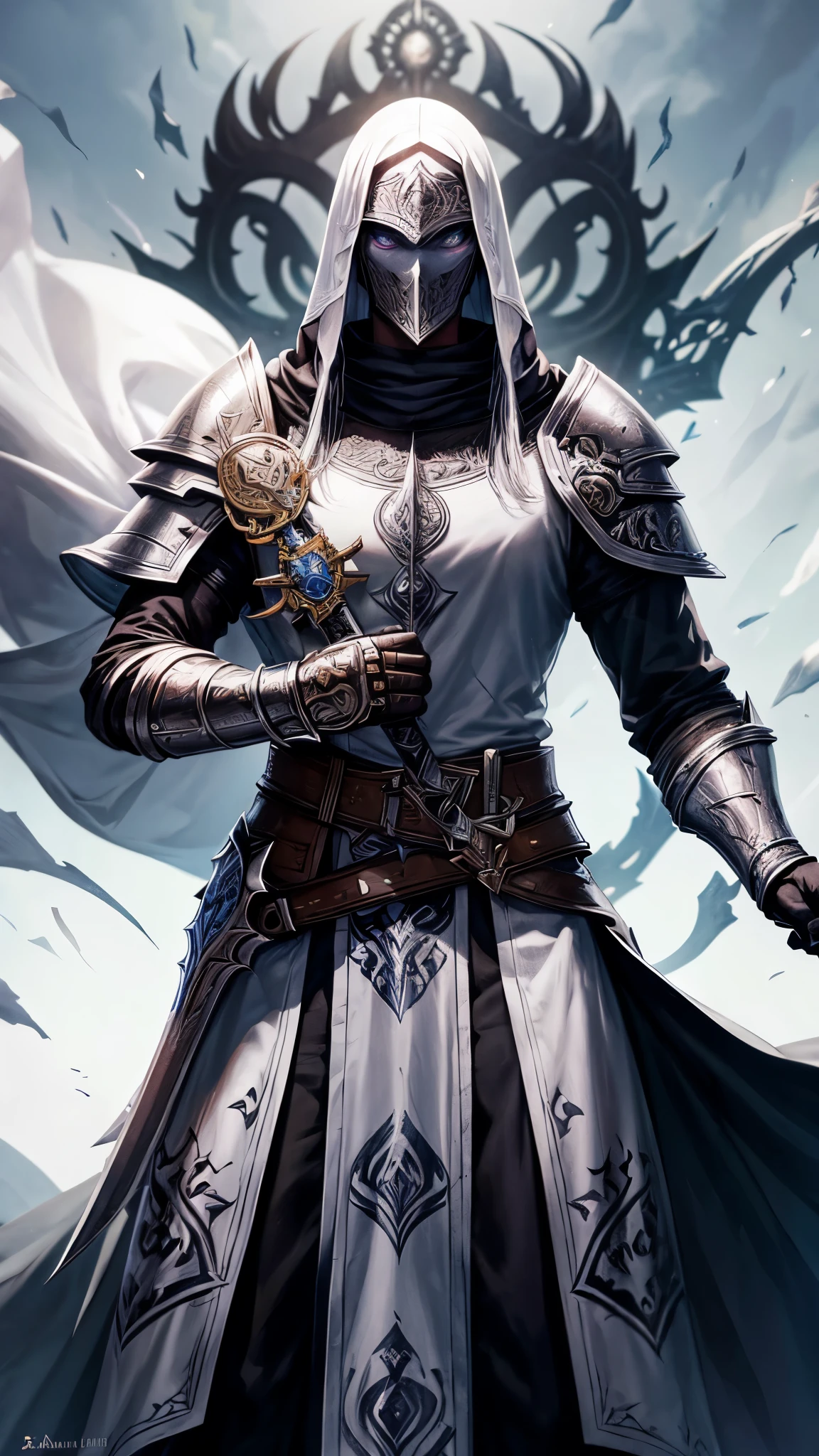 Avatar de Caballero Templario, armadura negra, capa blanca, espada, World of Warcraft Style, edad media