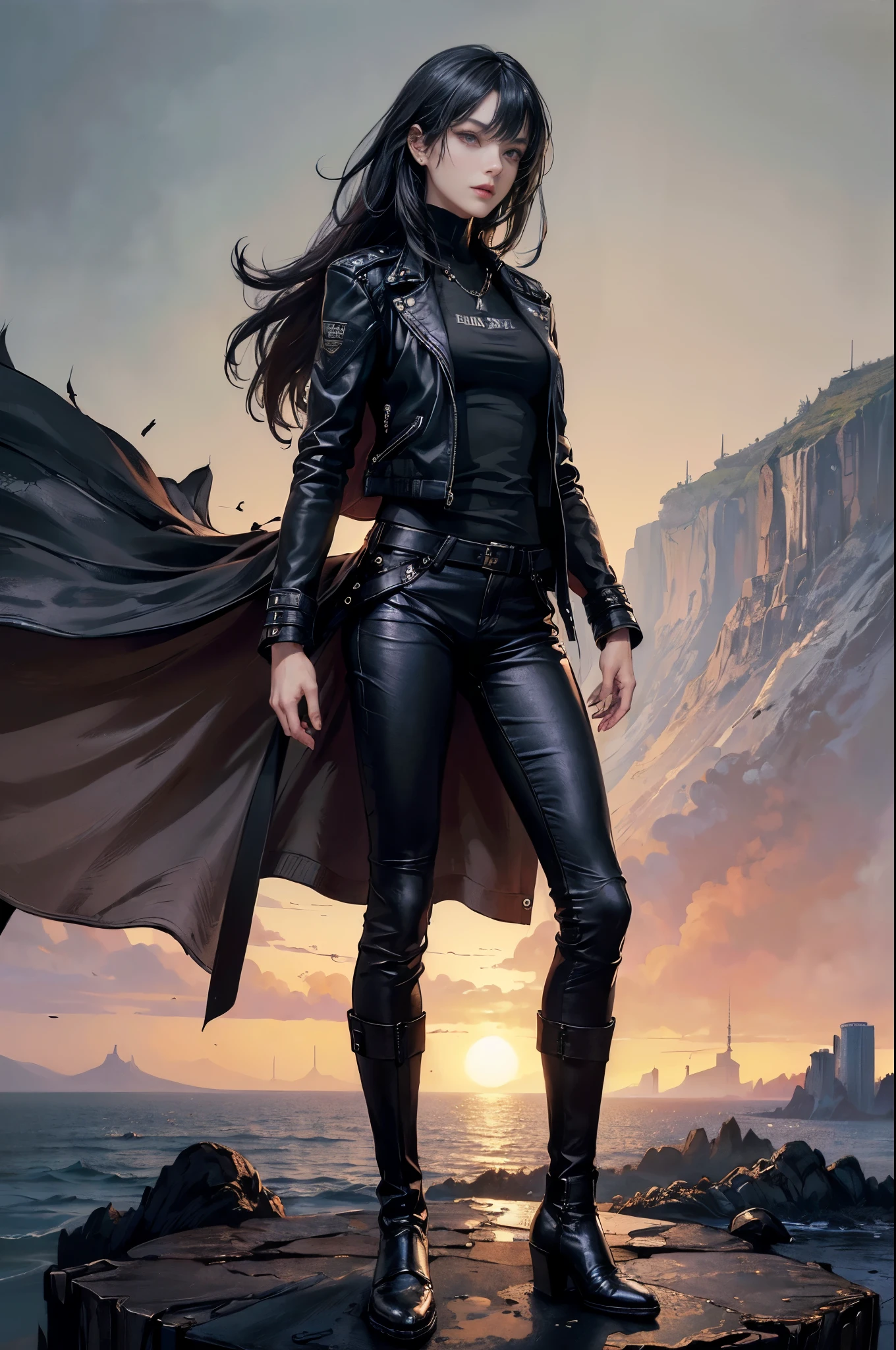 (Skin dents:1.5), Realistic, Realistic, (masterpiece:1.5), Concept Art, Intricate details, Very detailed, Realistic, Octane Rendering, 8k, Unreal Engine, Dynamic pose, highest quality, High resolution, (Realistic Face:1.1), (超Realistic:1.1), (((full_body))), Perfect Eyes,(Shiny skin:1.2), (((Hairstyle))), (((Perfect hands、Very detailed背景), ((Dynamic Background)), ((One girl)), Wearing a black leather jacket, Black leather long pants, Black T-shirt, Black boot rowing jacket))), ((Fine grain, High quality eyes, High quality face)), (Very exquisite jacket), Long black hair, dramatic, Depth of written boundary, Bokeh, 4K, (((underworld))), ((Standing pose))