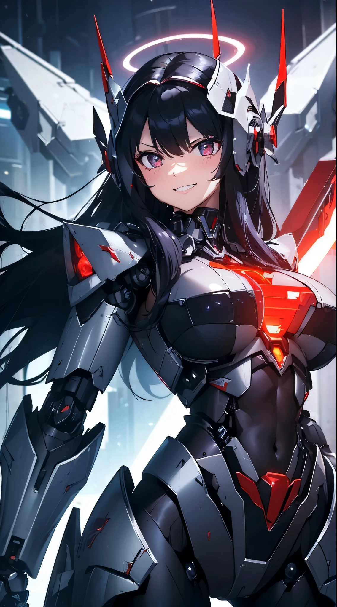 Eyes of the machine glowing red、Grinning