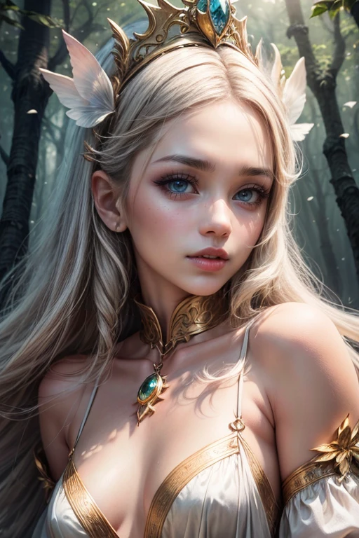 (most detailed),close-up view of a young girl exploring a magical encounter,gigantic mushroom,ethereal butterflies,misty wonderland,enchanting details,(best quality,4k,8k,highres,masterpiece:1.2),ultra-detailed,realistic,beautiful detailed eyes,beautiful detailed lips,long eyelashes,enchanted forest,fairy tale ambiance,vibrant colors,soft lighting,magical glow, (((small breasts))), realistic small breasts, collar bone, include colors white pearl orange gold teal