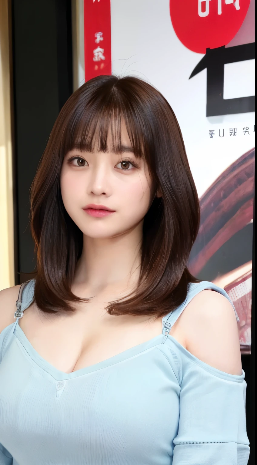 ((highest quality、8k、masterpiece:1.3))、detailed 女性:1.3、(Medium Hair、Huge boobs:1.4)、Clothing that emphasizes breasts、Clothes that reveal cleavage、Off-the-shoulder clothing、超detailed、detailed、eyelid、Downtown Japan、Clothes that reveal cleavage