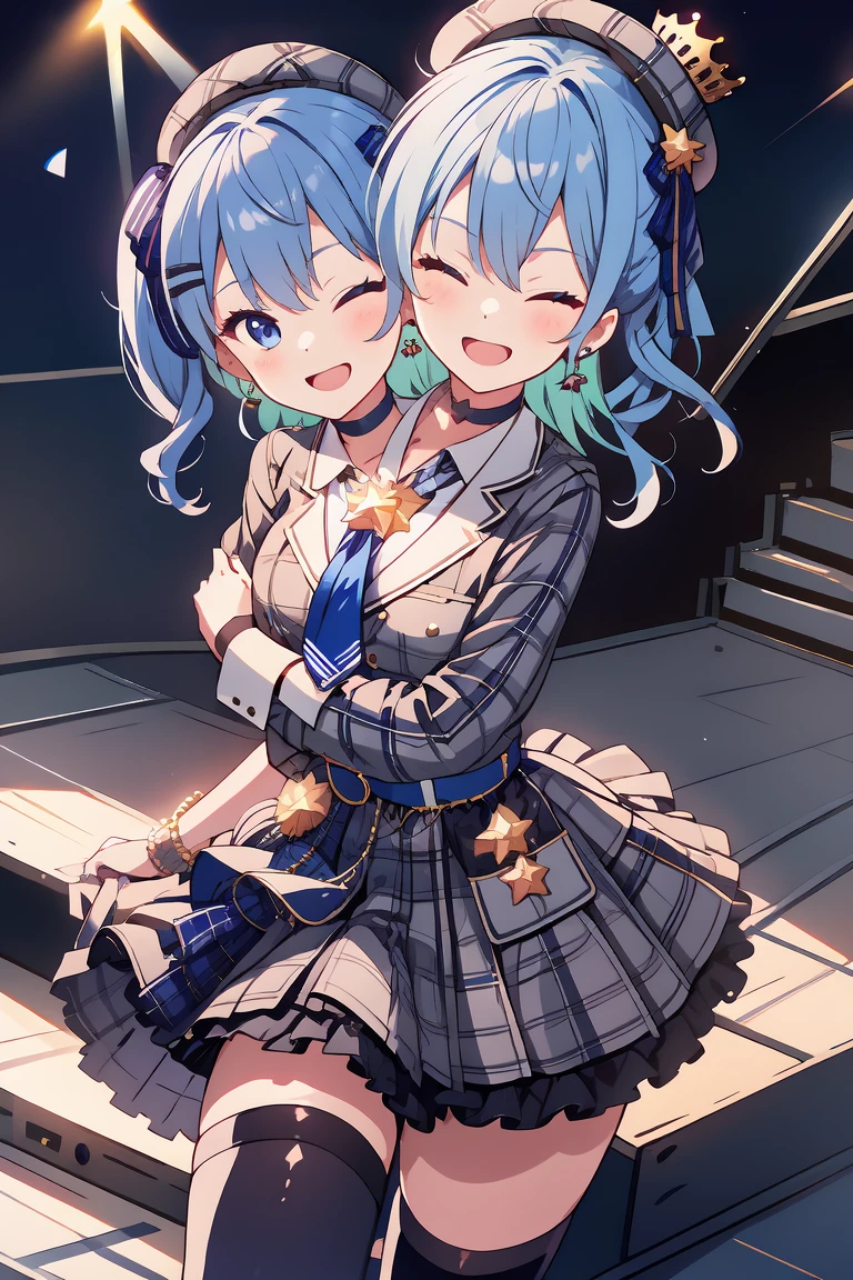 (masterpiece, best quality), best resolution, 16k, (2heads:1.5), close-up, 1girl, solo, HoshimachiSuisei, side ponytail, blue hair ribbon, SuiseiBase, plaid beret, crown, blue star choker, star earrings, blue ascot, plaid jacket, plaid skirt, layered skirt, partially fingerless gloves, star bracelet, uneven legwear, thigh strap, standing, ((cheek to cheek)), (own hands together, praying hangs), smile, open mouth, eyes closed, singing, look at viewer, stable, concert stage, starfield, spotlight