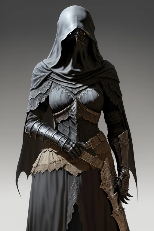 Estilo Dark Souls 3, Mujer, burqa, piel oscura, pose de batalla, armadura, enfoque completo, 