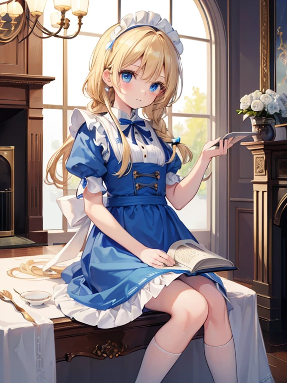 (8k, highest quality, Tabletop:1.2)、Ultra-high resolution、Alice in Wonderland, One ****************, Detailed face、blue eyes, Blonde, Braid, Blue Dress, White apron, Clothes with bulging sleeves, Long skirt, room with fireplace, chandelier, Sit on a chair, I read a book