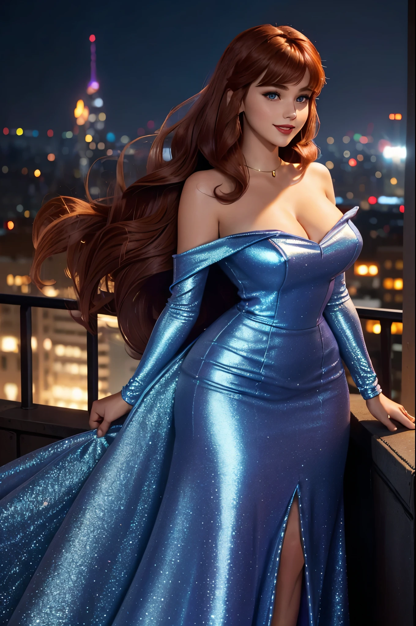 DisneyAurora 27 years old, ((( Selena Gomez:Taylor Swift:0.7))) Beautiful woman (((shoulder length wavy auburn hair))) (bangs:1.2) (sparkling blue dress, long skirt) iridescent clothing (purple eyes) defined body, Red lipstick, smiling, hands free, standing, high tech cyberpunk city rooftop, night, (huge_breasts:1.2) (curvy:1.2)