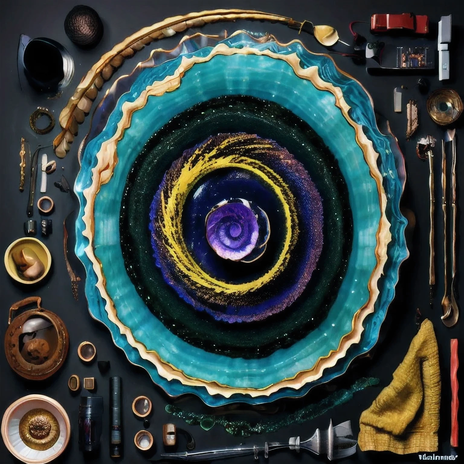 Seabed ice sheet background(((Idol stage))),detailed armor, ornate headdress, samurai helmet(((Dynamic rotating concentric circles)))(Dynamic rotation of concentric circles)Mandala is the result of the long journey of creating concentric circles of liquid color, there is a glass bowl with a green and purple swirl inside, simulacrum of a space fungus, alien flower, distant nebula are glowing algae, inspired by Otto Piene, inspired by Earnst Haeckel, top down extraterrestial view, covered with ferrofluid. dslr, translucent algae ornate, the eye of the universe, anatomical fractal,which interact through transparency, refraction, reflection, and collision. The ultimate goal is to showcase unique, detailed, and aesthetically pleasing images that capture the audience's attention through their initial visual impact and stunning details in liquid interactions,there is a cake with a red and yellow center on a blue plate, inspired by Otto Piene, victor antonov, culinary art photography, inspired by Graham Sutherland, colorful ferrofluid armor, inspired by Anish Kapoor, alexandra fomina, david kassan, by Jan Rustem, rudolf is hired, sergey krasovskiy, kai vermehr