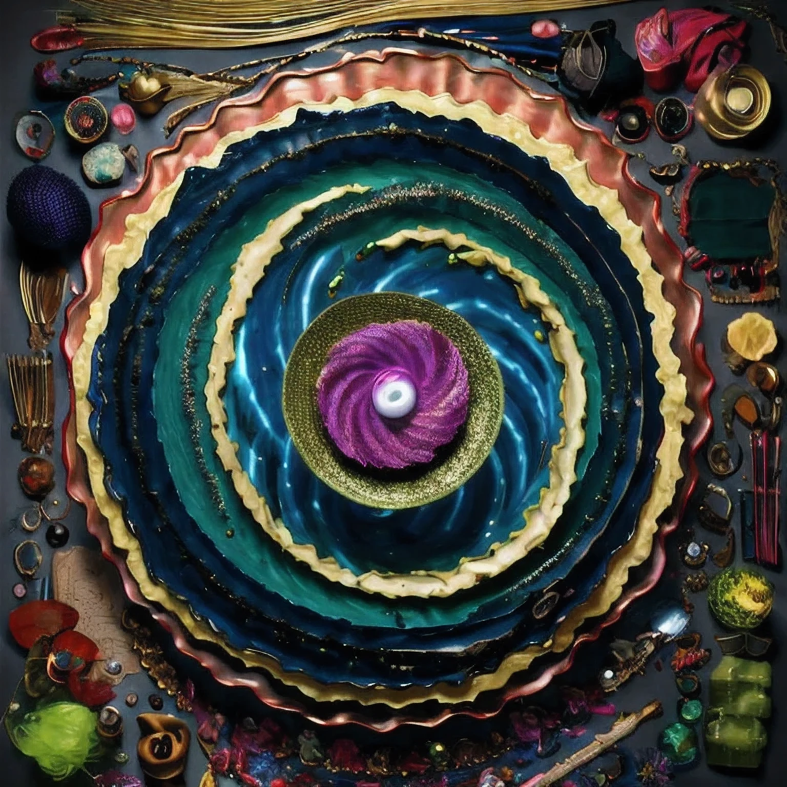 Seabed ice sheet background（（（Idol stage））），detailed armor, ornate headdress, samurai helmet（（（Dynamic rotating concentric circles）））（Dynamic rotation of concentric circles）Mandala is the result of the long journey of creating concentric circles of liquid color, there is a glass bowl with a green and purple swirl inside, simulacrum of a space fungus, alien flower, distant nebula are glowing algae, inspired by Otto Piene, inspired by Earnst Haeckel, top down extraterrestial view, covered with ferrofluid. dslr, translucent algae ornate, the eye of the universe, anatomical fractal，which interact through transparency, refraction, reflection, and collision. The ultimate goal is to showcase unique, detailed, and aesthetically pleasing images that capture the audience's attention through their initial visual impact and stunning details in liquid interactions，there is a cake with a red and yellow center on a blue plate, inspired by Otto Piene, victor antonov, culinary art photography, inspired by Graham Sutherland, colorful ferrofluid armor, inspired by Anish Kapoor, alexandra fomina, david kassan, by Jan Rustem, rudolf is hired, sergey krasovskiy, kai vermehr