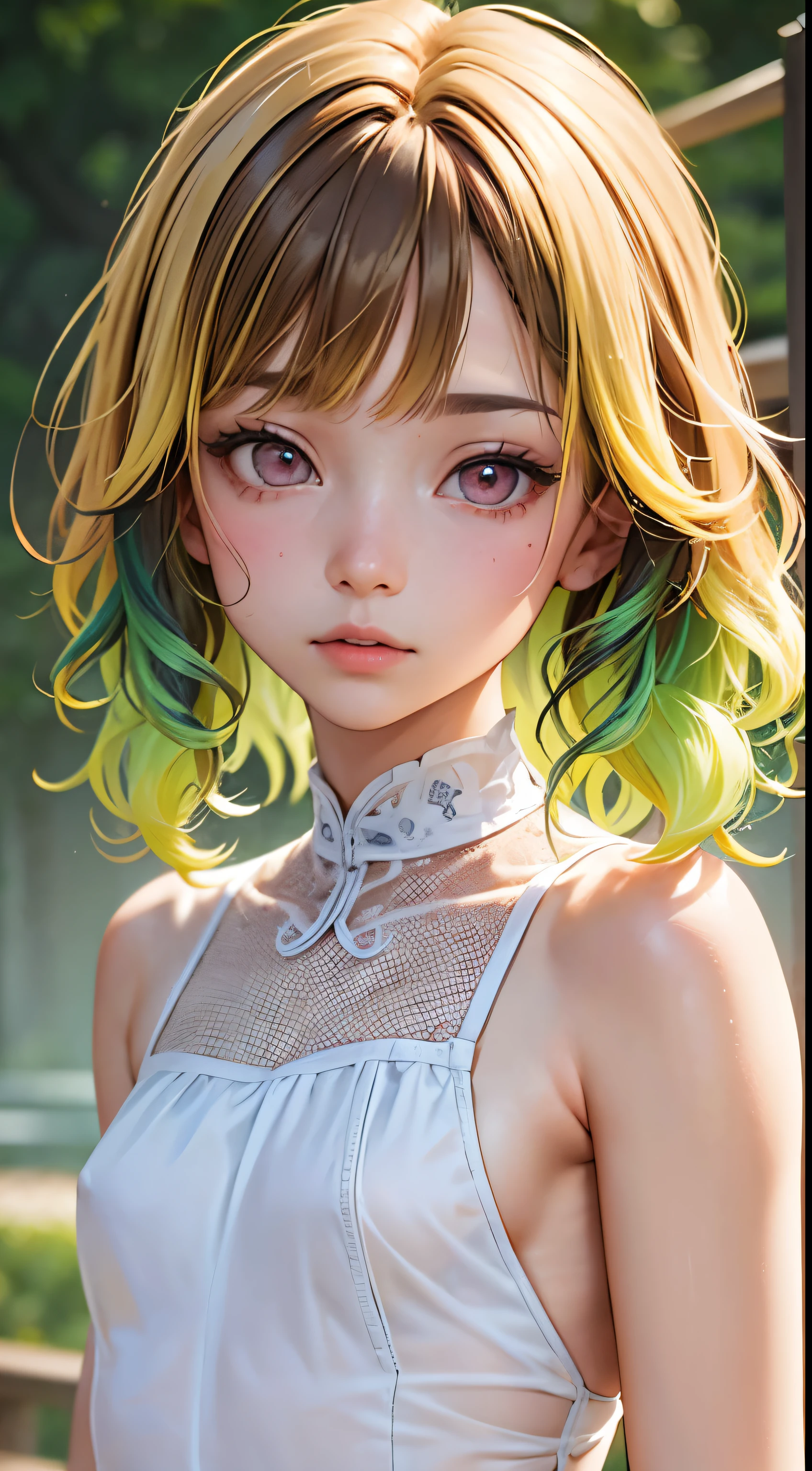 One woman, alone, alone Focus,Full Shot,Portraiture,, Beaver,Half water color, Half Green, ((Brown Hair)), (Yellow Hair), (Gradient Hair :1.5), Curly Hair, ((Pink Eyes)), Ultra-detailed eyes, work, White see-through, (Small TI quality, Very detailed,Full Shot