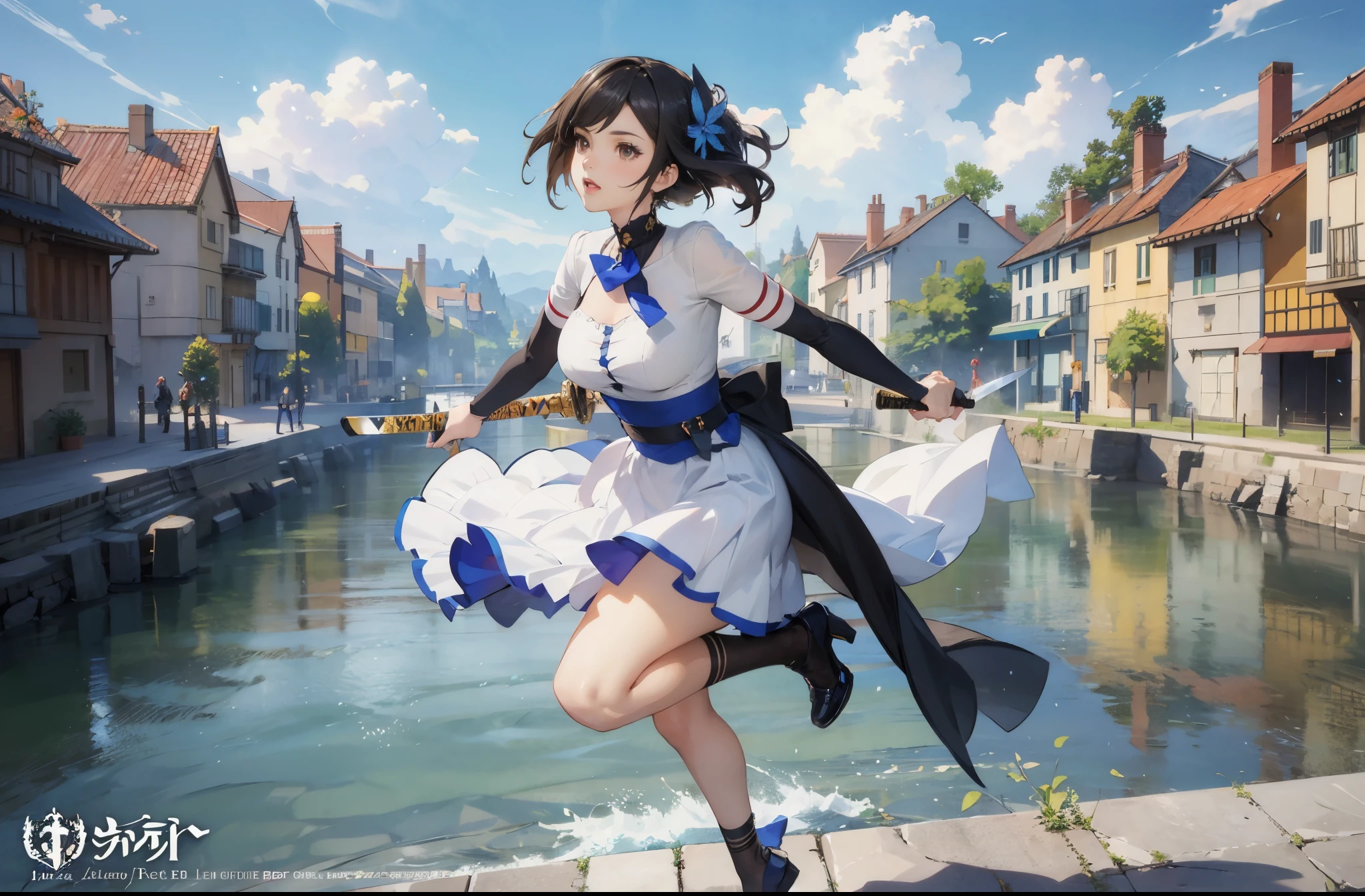 anime - style illustration of a woman in a blue and white outfit, katana zero video game character, official character art, trending on cgstation, azur lane style, e-girl, e - girl, cushart krenz key art feminine, full body, female action anime girl, 
