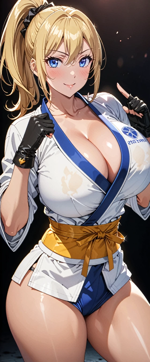 ((masterpiece)), ((high quality)), ((super detailed)), ((high resolution)) ,((8k)), a beautiful woman, ((She is one of the most famous female Gravure idol in the world.)), unparalleled beauty, ((huge breast)), ((large ass)), ((deep cleavage)), slim waist, chest out, ultra detailed face, perfect skin, (((Half-up hairstyle, Blonde Ponytail hair))), blue eyes,  detailed eyes, whole body image, an inviting smile, (((anime))), ((glamorous)), 22 years old, ((incredibly beautiful woman)), ((The H cup bust)),  (((Black color judo wear))),  ((beautiful breasts)), beautiful legs, 8 life size, anime, the most beautiful and strongest, ((charm)), ((Half Japanese and half British)), ((Grown-up face)), ((Open Finger Gloves, Five fingers)),  ((Mixed Martial Arts,  During a martial arts match)), fan service,
