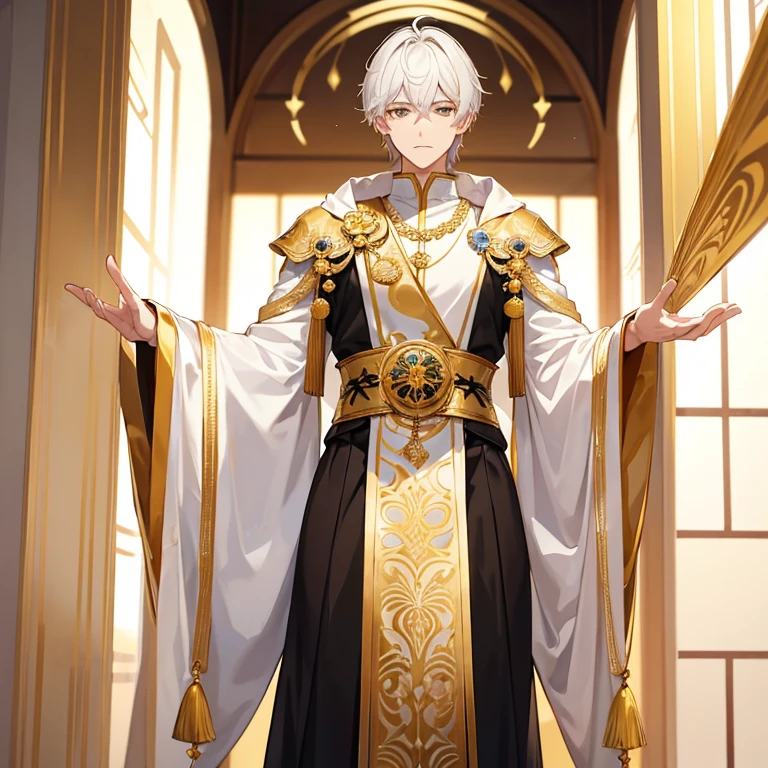 Tall manly young man, light complexion, golden eyes, short white hair, white and gold ancient emperor clothing