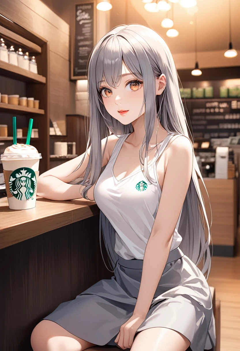 The full-body illustration of a beautiful slender woman with straight hair in brown and gray ash color, about 22 years old, plump red sexy lips, she had a very nice figure. She is a forex trader. A simple sleeveless white shirt has a ruffled shoulder part, a tight black skirt. She is currently sitting on the sofa with a Starbucks cafe latte in one hand at Starbucks (Starbucks, inside the store, slender) (shimmering, shining clothes, shining eyes) There is a dynamic and shining illustration like pixiv.