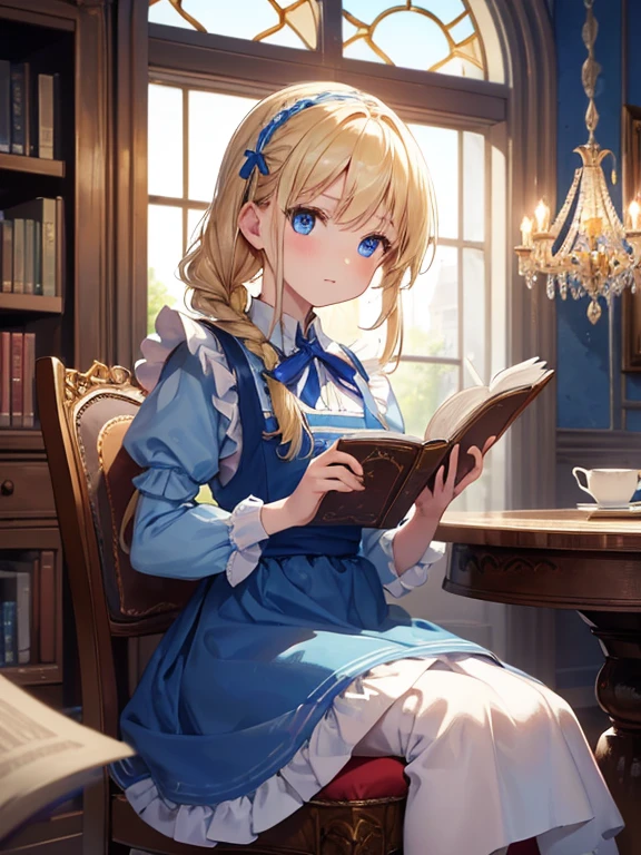 (8k, highest quality, Tabletop:1.2)、Ultra-high resolution、Alice in Wonderland, One ****************, Detailed face、blue eyes, Blonde, Braid, Blue Dress, White apron, Clothes with bulging sleeves, Long skirt, room with fireplace, chandelier, Sit on a chair, I read a book