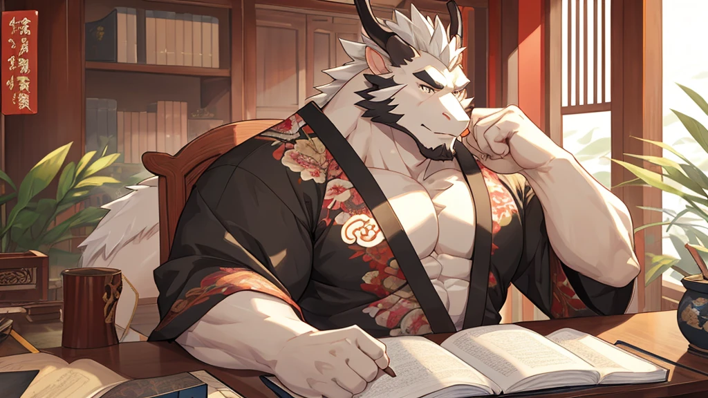 (white eastern dragon),furry,fuii body shot,white mustache,big pecs,hearty males,artbook,muscular,black Hanfu,holding_stylus,sitting_on_desk,adult,traditional_chinese_room