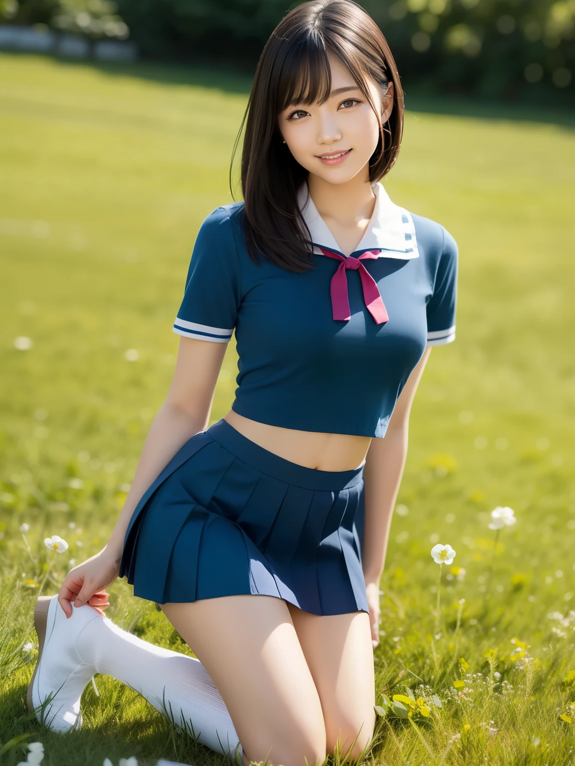 (highest quality:1.5)、(Realistic:1.5)、(1 person:1.5)、Very detailed、High resolution、8k、medium breasts、Natural color lips、Cute Smile、Japanese women、20-year-old girl、Beautiful and elegant face、Perfect and beautiful face、Balanced big eyes、Brunette eyes、Beautiful and elegant face、Natural double eyelids、Natural Bangs、Beautiful thin nose、Beautiful Skin、Medium Bob Hair、Natural Bangs、Perfect and beautiful face、Slim face and figure、Summer blue sky、Grass park on the mountain、Look at the viewers、School Sailor Uniform、White short-sleeved blouse shirt, navy pleated micro miniskirt,、Knee-high socks、Beautiful navel、Open the navel、臍が見えるSchool Sailor Uniformを着ている、High-angle composition、(Staring at the camera with a sweet smile)、Bright lighting、Professional Lighting、Forward lighting、Beautiful feet:1.2、Smooth Skin、Slim Body、Slim waistline、slim thin thighs、(Kneeling on the grass)、(A little angle from below)、Stand on one knee、Lawn with white clover blooming、