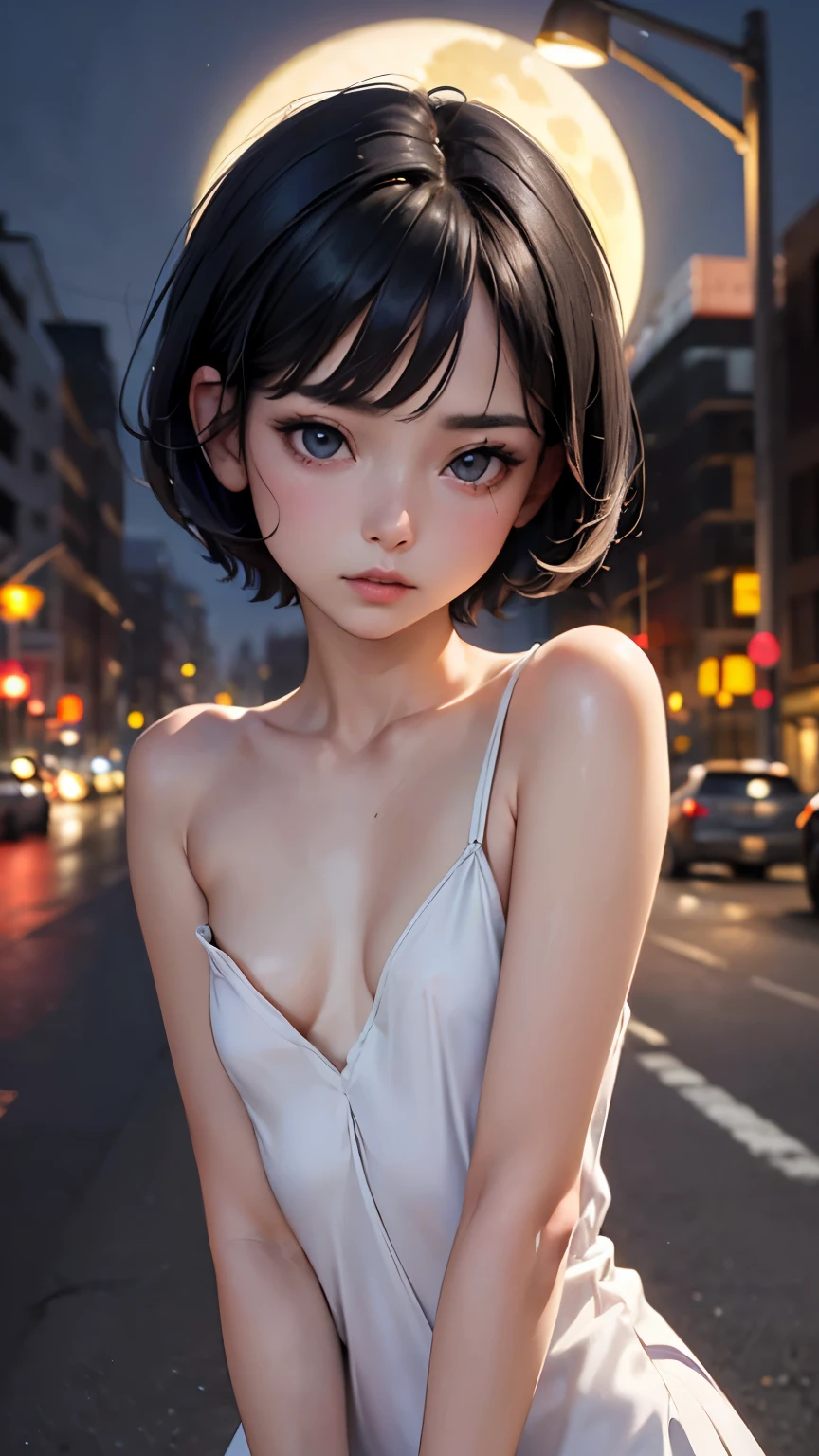 (,Street lamp,moon),masterpiece, One woman, Solo Exhibitions, Beautiful woman with small breasts,Beautiful Goddess Portrait, Beautiful and elaborate face, Porcelain-like skin, (((Full Shot,center, night, Black Hair, short hair)), Very soft lighting, Full Shot,Symmetric, complicated, grace, Attention to detail, realism, art, concept art,White clothes