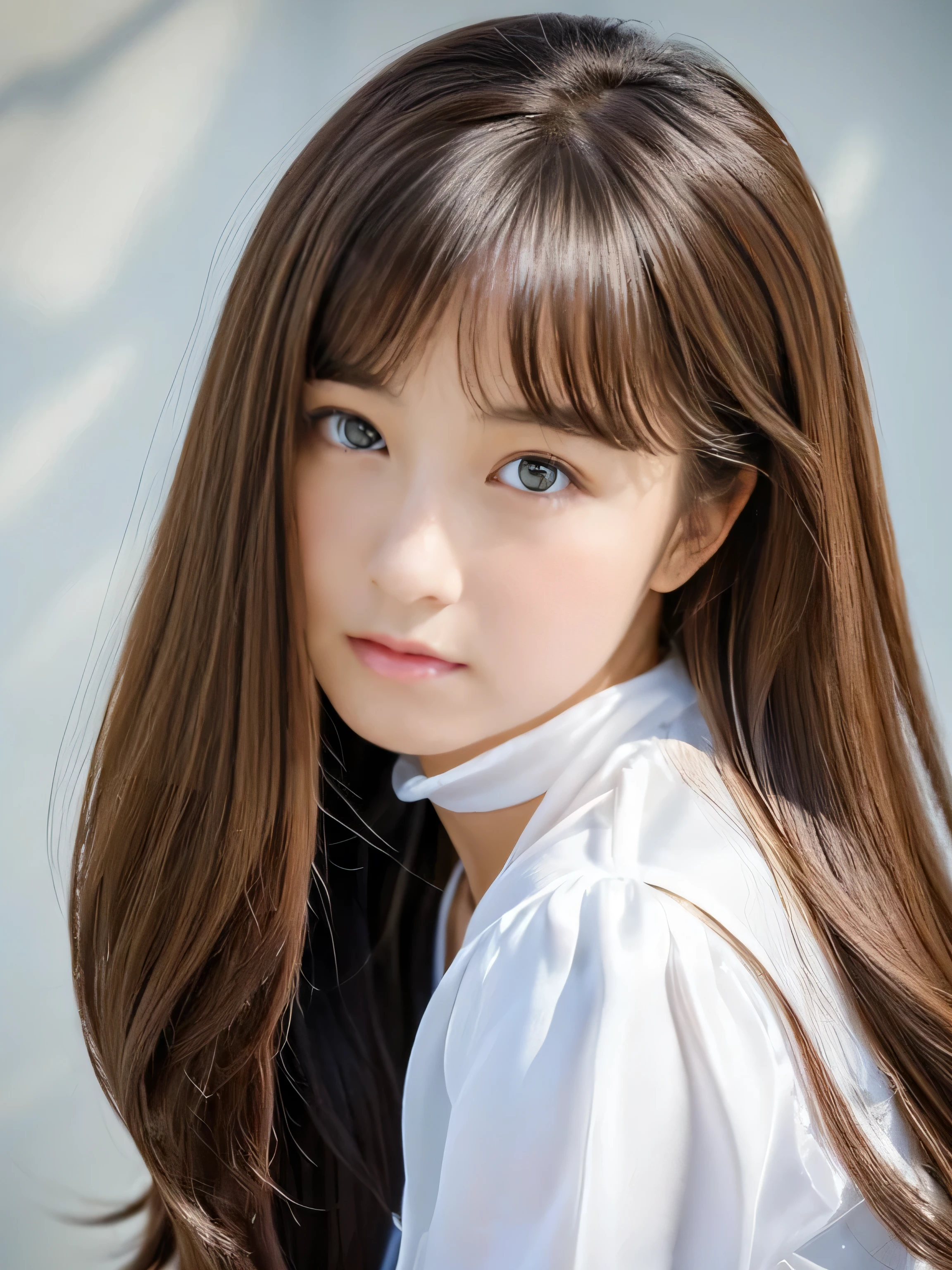 (Pure white wall background:1.8. Photo of upper body from waist up) (The most beautiful 12-year-old junior high school student in Japan) (She looks at the viewer with a very seductive expression.....) ((Her hair is loosely curled、Very shiny、Beautiful as silk、extra super long hair Very long hair!!!!!!!, Pure brown hair with great detail, Thinning hair, And that is'rich Very detailed)) ((highest quality)), ((masterpiece)), (Familiar) (Get used to it) Perfect Face (Her skin is a typical Japanese skin color......、Very detailed) (Big Breasts:1.3) (She is wearing a purple dress with lots of lace....) (She has a beautiful face and a slim figure..., Narrow eyes.) (Her bangs Well Organized) (She has perfect beautiful makeup and face Lipstick is light red A solid eyeliner) ((rich 1.4)) (Extremely detailed 8K) (Stable Diffusion Model) (Ultra-fine skin texture 1.4) (Actual, Vibrant:1.4), double eyelid Sharp focus:1.2、Beautiful woman:1.4 Dynamic Lighting (Genuine RAW photos taken by professional photographers) (Her long bangs、Well Organized) (Turn your whole body to the viewer) Professionally lit from the front (Her hair is dark brown) (Her hair is dark brown) (Her hair is dark brown)