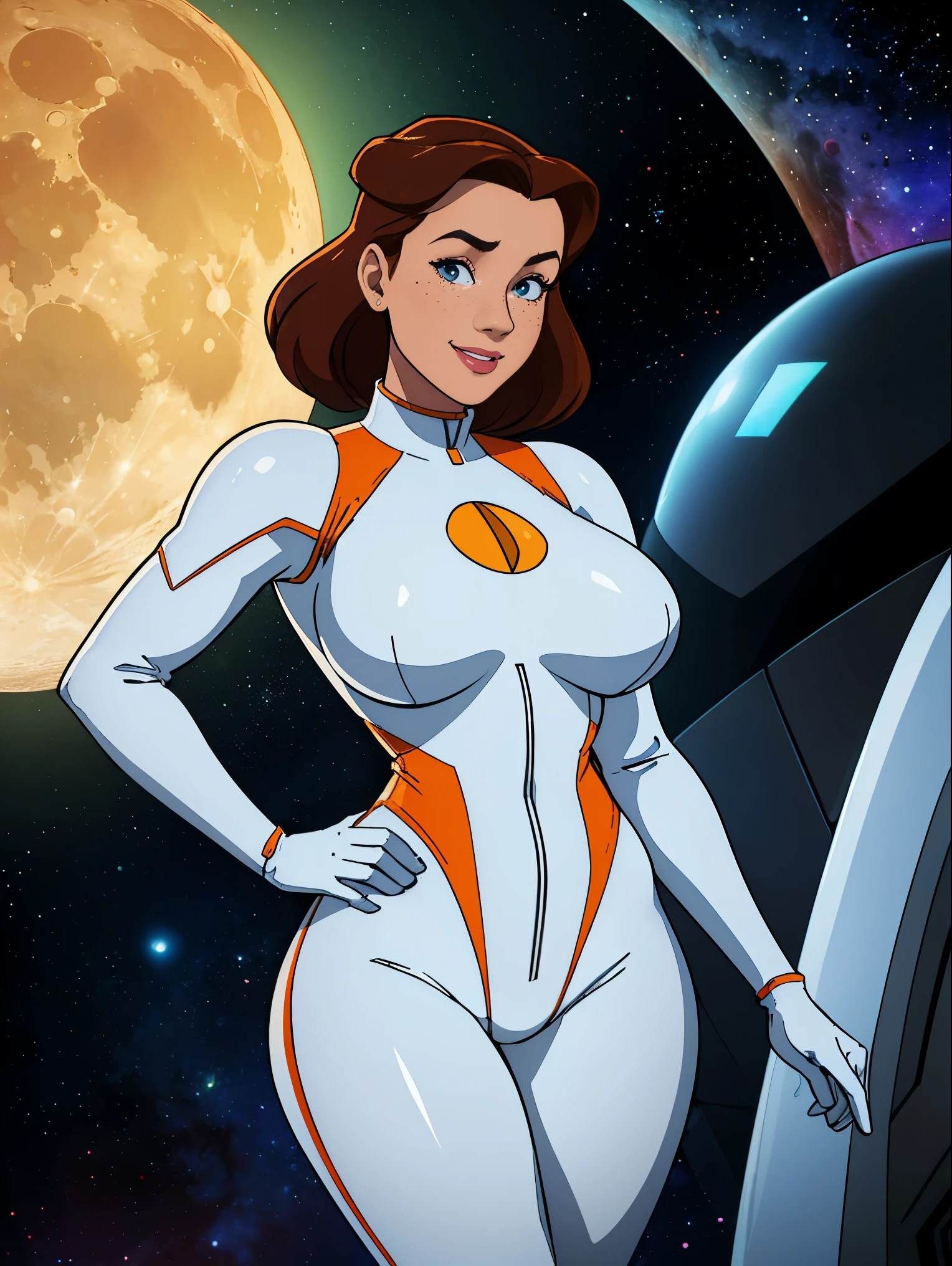(masterpiece, top quality, best quality, official art, beautiful and aesthetic:1.2), (1girl:1.3), light freckles, fair skin, extremely detailed, portrait, looking at viewer, solo, (full body:0.6), detailed background, close up, (bright space pinup theme:1.1), busty 1950's pinup brunette space girl, charlatan, smiling, happy, mysterious, spacewalk, modest attire, white and orange space suit, spacesuit, helmet, bodysuit, ray gun, long boots, pouches, jetpack, glass helmet, rocket ship, ((((narrow hips, slim sexy body, gigantic breasts)))), slim waist, slim hips, long legs, futuristic (lunar surface, moon exterior:1.1) background, dark mysterious lighting, shadows, magical atmosphere, dutch angle,
