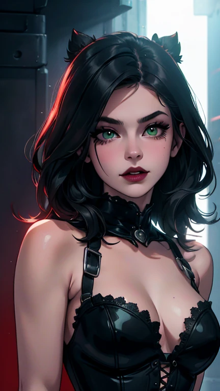 realistic 18 year old gothic vampire girl, with a cyberpunk background, long leather pencil skirt, leather corset, medium breasts, black lips, green eyes, medium eyelashes, medium nose, medium ears, thick eyebrows, long blck hair, looks silly away, natural skin, moles on skin, (cinematic, film grain: 1.1) smile, dynamic body posture, full body, + cinematic darkness, chiaroscuro, contrasted, ma(:0)disyn s(:0)hipman, all prologue, continuation, youth body, at the French Riviera film festival, corporate punk, wrapped, surreal, high quality photography , 3-point lighting, flash with softbox, 4k, leica m6, hp5 plus, sharp focus, high resolution, award-winning photography, medium photo grain, 50mm, f2.8, depth of field