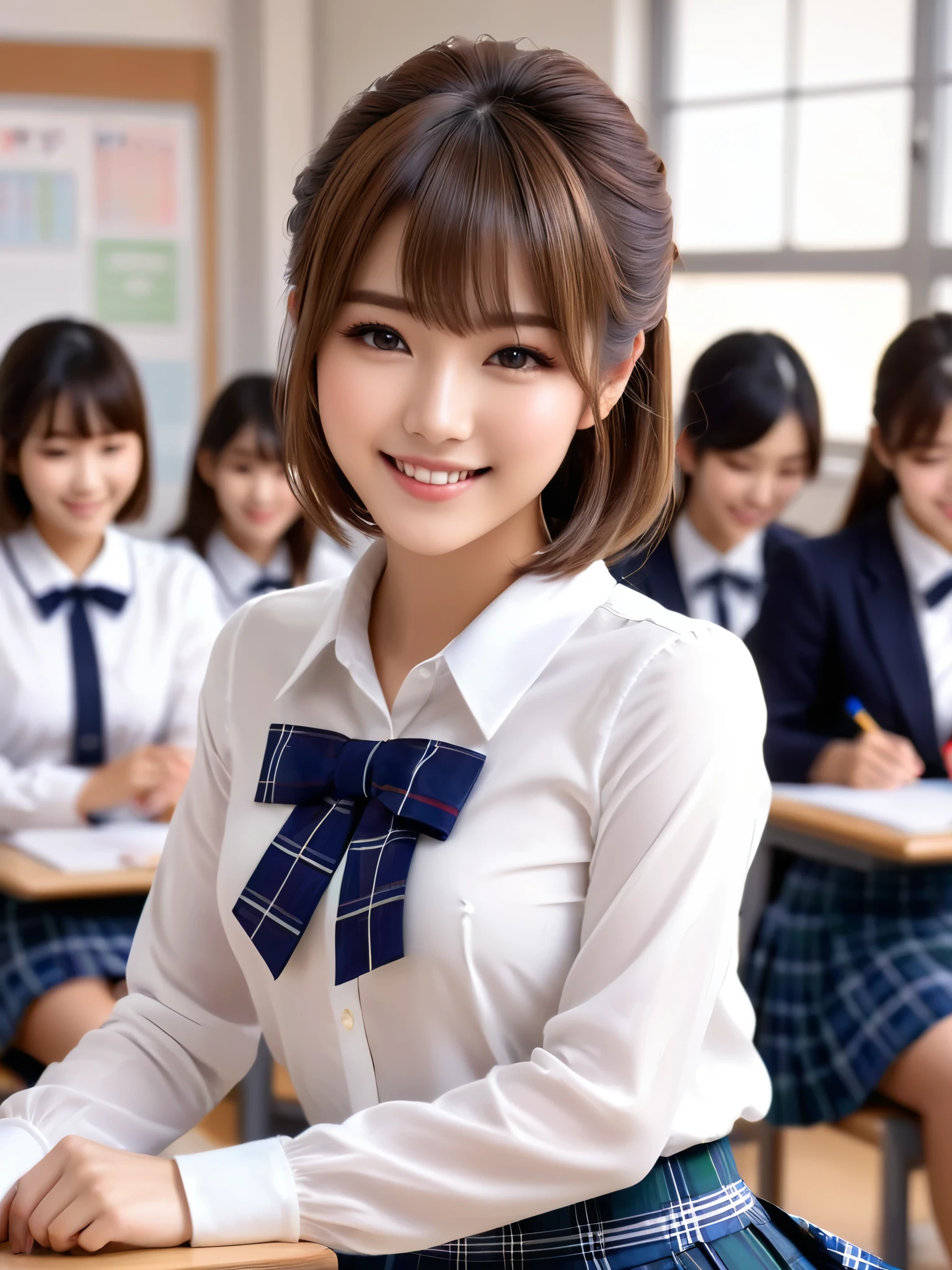 product quality, 1girl, full body shot, front view, a Japanese young pretty girl, 18 years old, short hair, taking a class with a big smile on a crowded classroom of a high school, glamorous figure, busty, wearing a long sleeves white shirt with a collar, plain dark blue bow tie, dark blue tartan plaid pleated skirt, hyper cute face, glossy lips, double eyelids in both eyes, natural makeup, long eyelashes, shiny smooth light brown hair, asymmetrical bangs, fair skin, central image, high resolution, high detail, detailed hairstyle, detailed face, spectacular cinematic lighting, octane rendering, vibrant, hyper realistic, perfect limbs, perfect anatomy