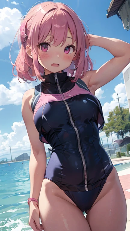 masterpiece、highest quality、Very detailed、Photograph the upper body、1 female、(Arms behind your back:1.4)、Are standing、Turn your body forward、View your viewers、(school swimsuit)、break,blush、shy、Pink Hair、Open your mouth、Pool、Big Breasts、