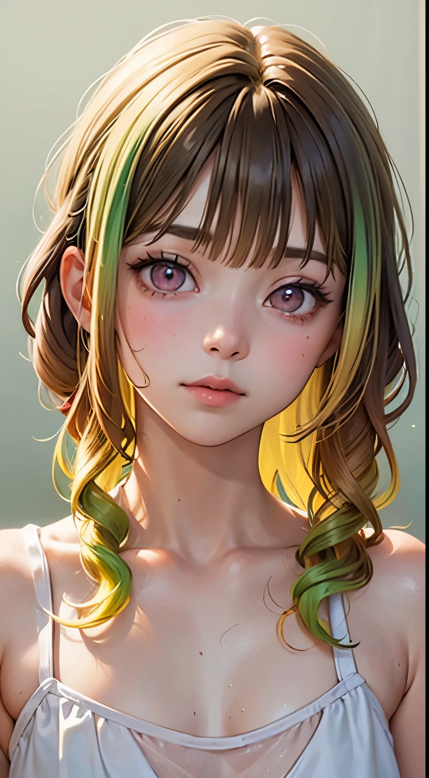 One woman, alone, alone Focus,全身Full Shot,Portraiture,, Beaver,Half water color, Half Green, ((Brown Hair)), (Yellow Hair), (Gradient Hair :1.5), Curly Hair, ((Pink Eyes)), Ultra-detailed eyes, work, White see-through, (Small TI quality, Very detailed,Full Shot