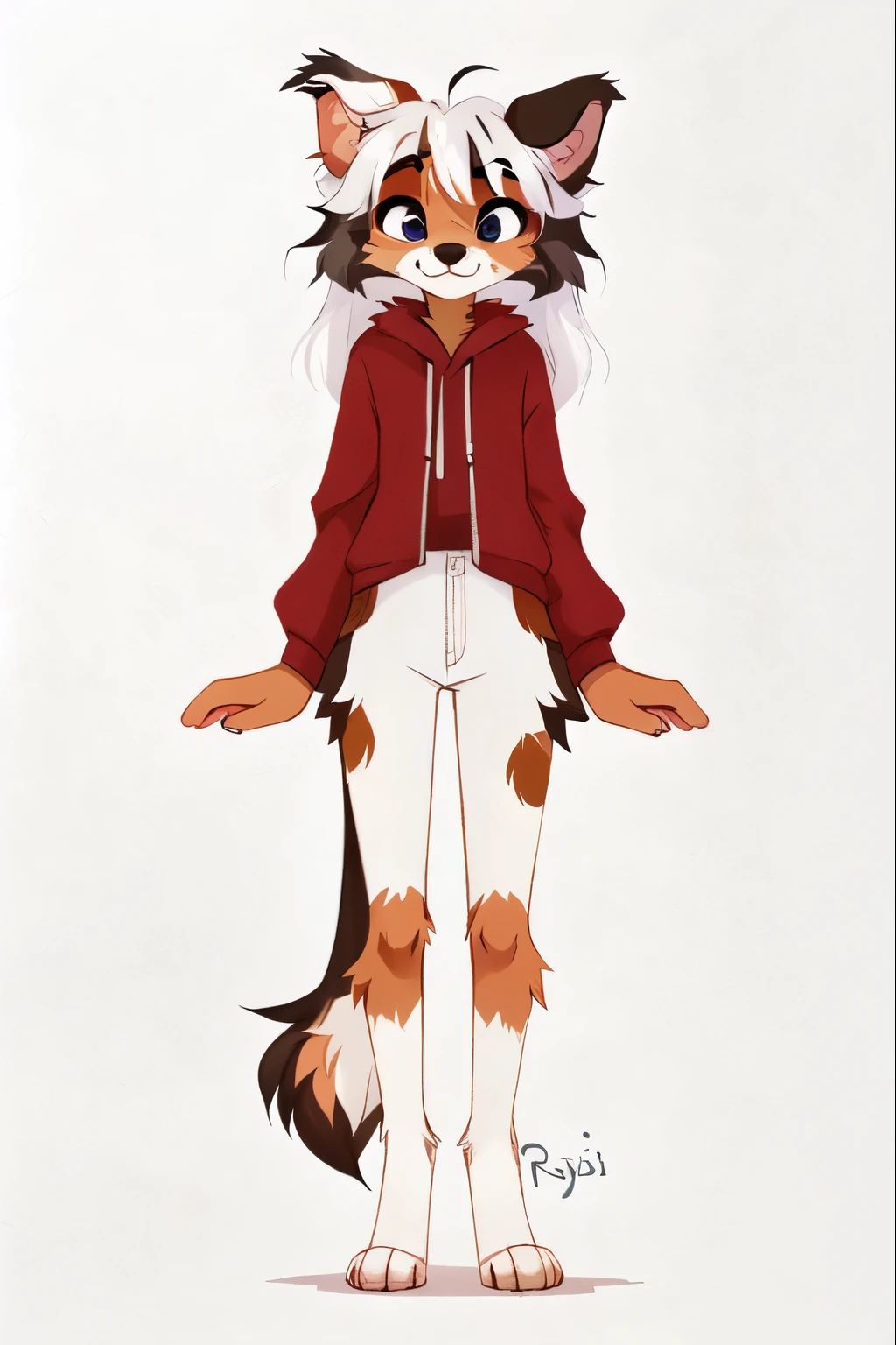 No background, white background, ((by reysi)), Furry, ((Australian Shepard)), detailed fur, ((teen)), ((female)), ((slender, skinny)), white hair,
