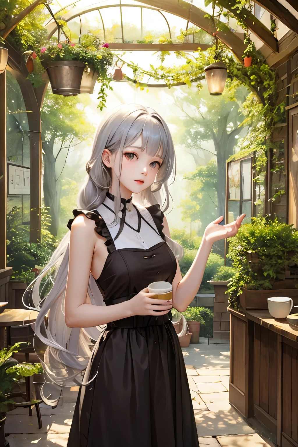 Fantasy、Sunlight in the sun、in the forest、Coffee shop、Silver hair long curls、Absolutely Beautiful Girl、Rabbit、Squirrel、highest quality、masterpiece、Clearly、Free Editing