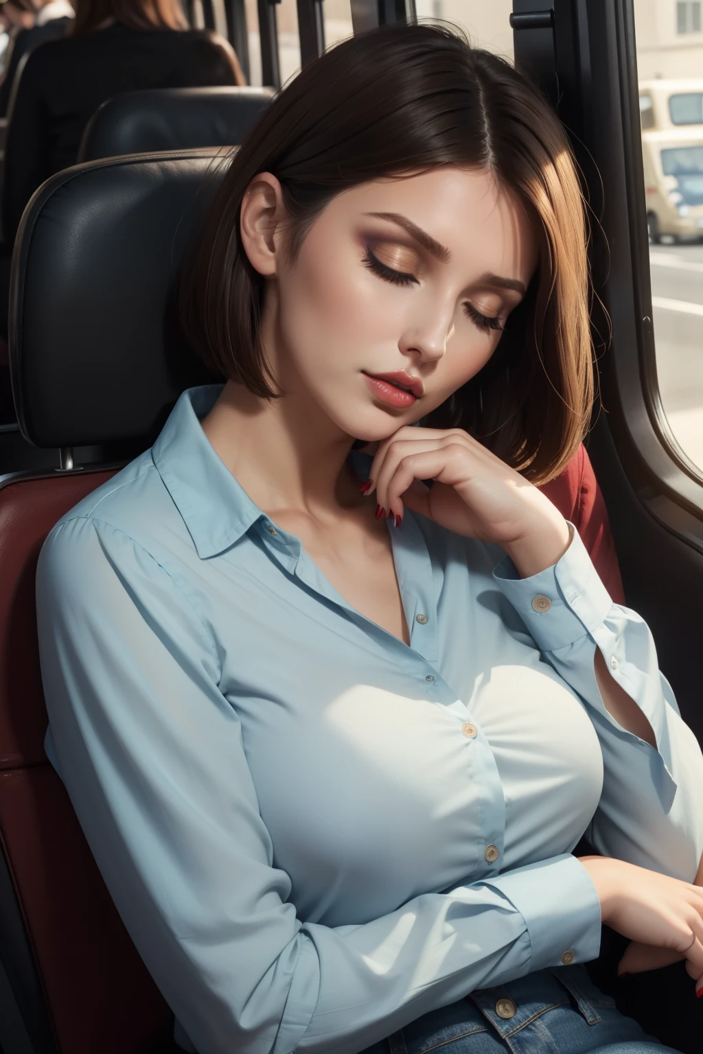 1 beautiful woman, large body, short hair to shoulder length, face made up, brown hair, shirt collar, RED LONG SLEEVED BLOUSE, red lips, CROSSED HANDS, blue jeans, big nails, eyelids made up, eyelids outlined, sleeping lying on a bus, eyes closed, MOUTH OPEN, Lucy Pinder, very intense makeup, face portrait