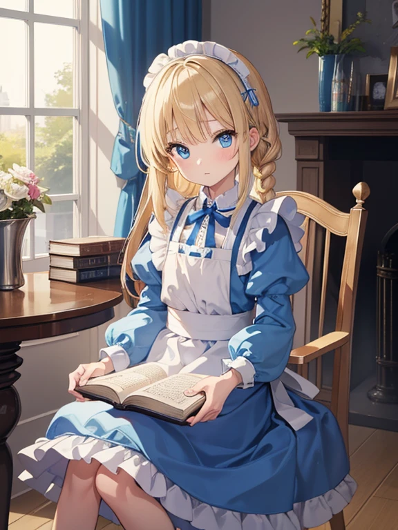 (8k, highest quality, Tabletop:1.2)、Ultra-high resolution、Alice in Wonderland, One -yeld gi Detailed face、blue eyes, Blonde, Braid, Blue Dress, White apron, Clothes with bulging sleeves, Long skirt, room with fireplace, chandelier, Sit on a chair, I read a book