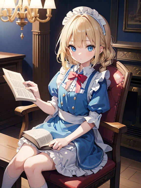 (8k, highest quality, Tabletop:1.2)、Ultra-high resolution、Alice in Wonderland, One ****************, Detailed face、blue eyes, Blonde, Braid, Blue Dress, White apron, Clothes with bulging sleeves, Long skirt, room with fireplace, chandelier, Sit on a chair, I read a book