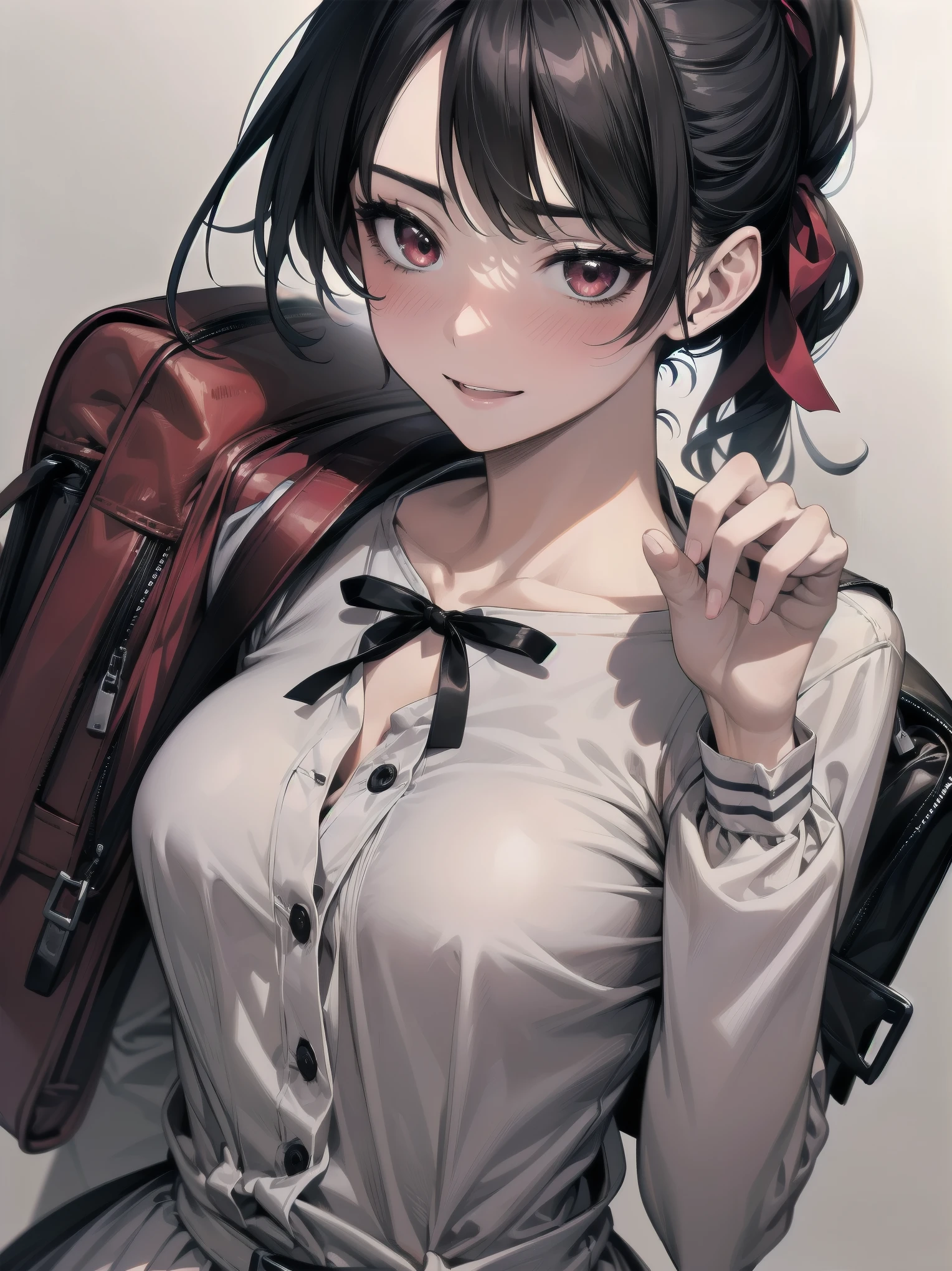 Masterpiece, top quality, ultra-detailed, 16K, one girl, spring, high school students, warm colours, school bags, accurate and highly detailed background, flock of schoolgirls in uniforms of various body shapes and hairstyles, cute. Blake. Red eyes, Black hair, Ribbons, Red ribbons, Hair ribbons, Pastiched bangs, Folded ponytail, Shuchiin Academy, Dress, Sideburns, Breasts, Black dress, Clavicle, Short hair, Long sleeves, Realistic and super detailed pussy jerking off, blushing and excited embarrassing pose.