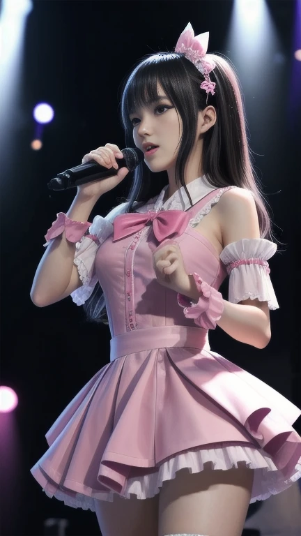 (((Draw only one woman:2)))、((Idol woman singing and dancing at a concert venue:1.5))、((Wearing cute costumes like idols:1.8))、beautiful woman、((1 screen))、8K、RAW shot、highest quality photos、masterpiece、nice realistic pictures、(( anatomically correct proportions : 1.5))、((perfect proportions))、((A cute woman who looks like a beautiful Japanese idol))、((small head))、detailed face、detailed eyes、narrow nose、(detailed fingers: 1.2)、detailed arms、detailed skin、detailed legs、(slim style)、((thin waist))、(Medium udder)、(She sings wearing a fashionable frilly mini-skirt dress.:1.8)、(A dress with a cute and elaborate design with a detailed pattern:1.8)、(sweaty body:1.2)、(sweaty hair:1.2)、(One-piece costume with cute sweaty design:1.3)、(Costumes like Nogizaka46:1.8)、(Costumes like Hinatazaka46:1.8)