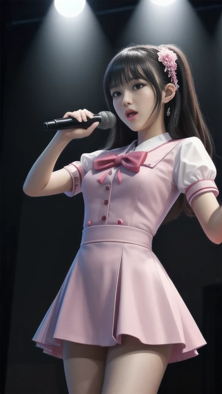 Twin-tailed,AKB48, idol,young Japanese idol,masterpiece, highly detailed, 1girl, solo, on the stage, singing,