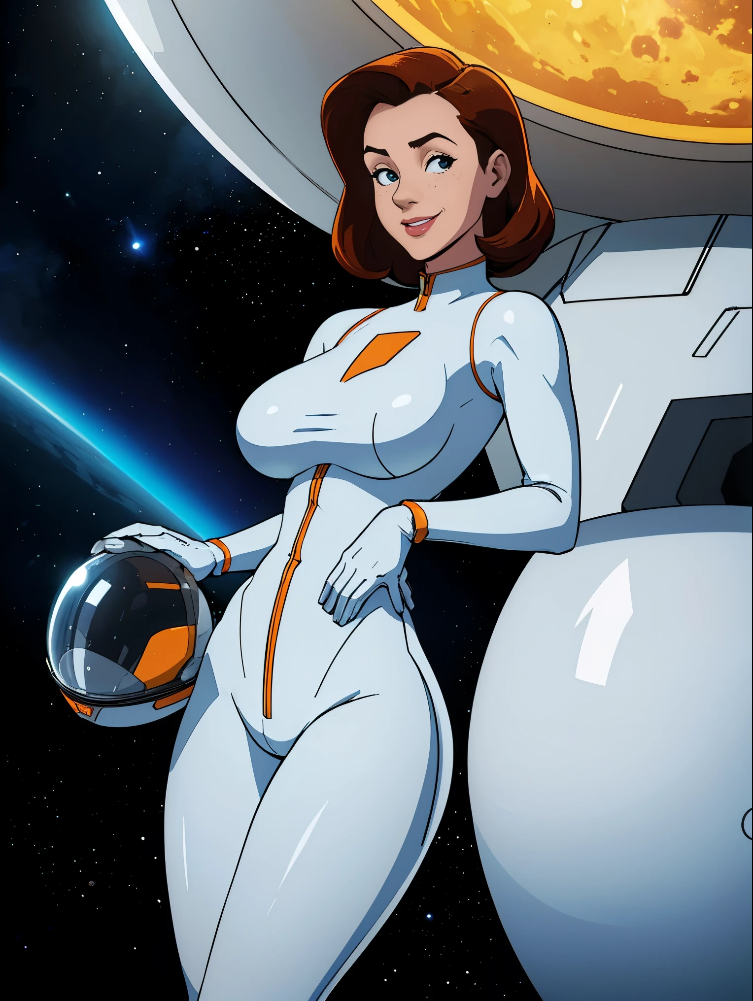 (masterpiece, top quality, best quality, official art, beautiful and aesthetic:1.2), (1girl:1.3), light freckles, fair skin, extremely detailed, portrait, looking at viewer, solo, (full body:0.6), detailed background, close up, (bright space pinup theme:1.1), busty 1950's pinup brunette space girl, charlatan, smiling, happy, mysterious, spacewalk, modest attire, white and orange space suit, spacesuit, helmet, bodysuit, ray gun, long boots, pouches, jetpack, glass helmet, rocket ship, ((((narrow hips, slim sexy body, gigantic breasts)))), slim waist, slim hips, long legs, futuristic (lunar surface, moon exterior:1.1) background, dark mysterious lighting, shadows, magical atmosphere, dutch angle,