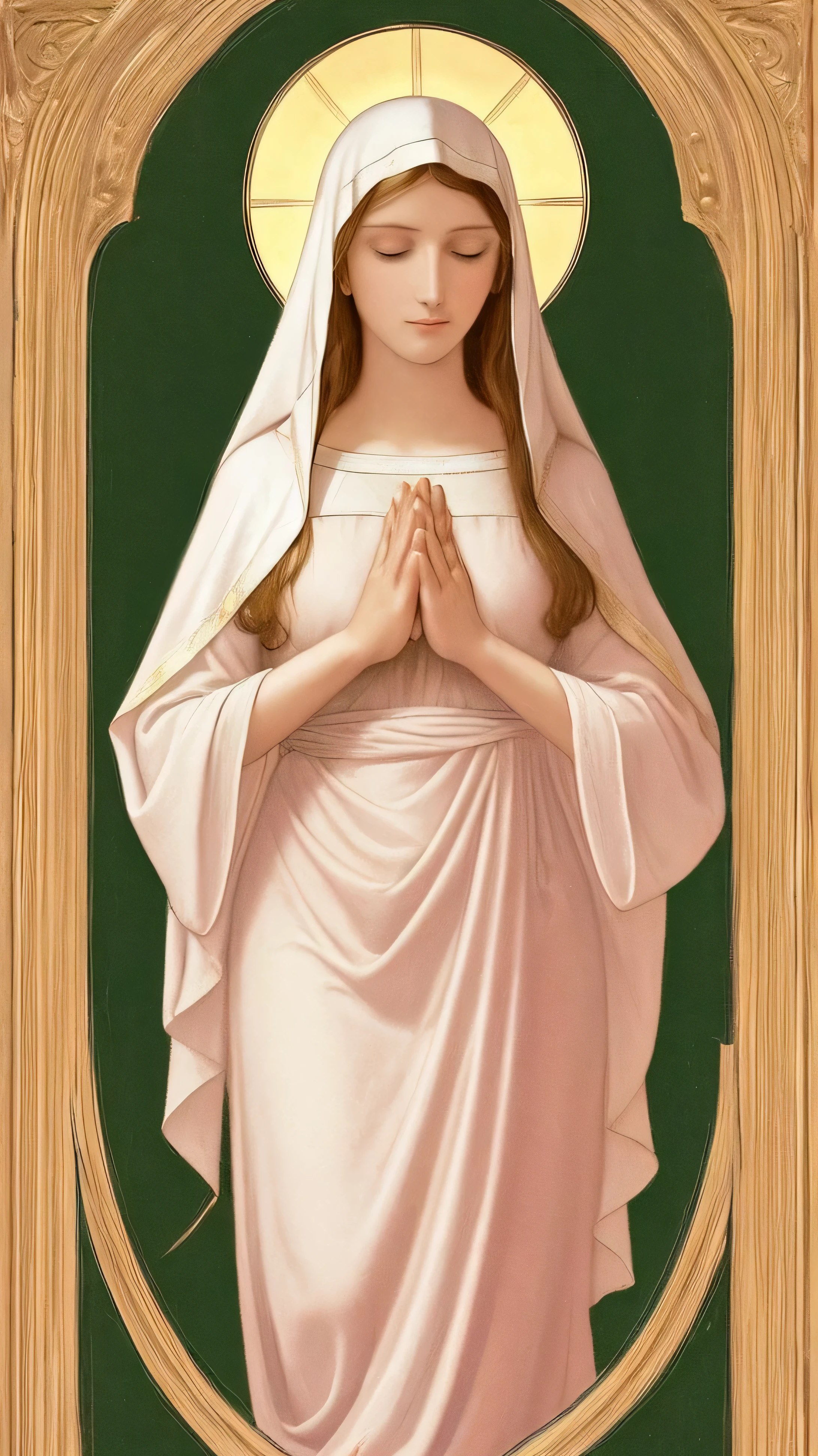 Draw an image of Our Lady, the Virgin Mary. She should be depicted with a light pink non-transparent veil adorned with a linear golden pattern, and wearing a white tunic. Her eyes should convey serenity. The scene should be calm and reverent, with a simple background that does not distract from the central figure of Mary. Please do not include her hands and arms in the image.