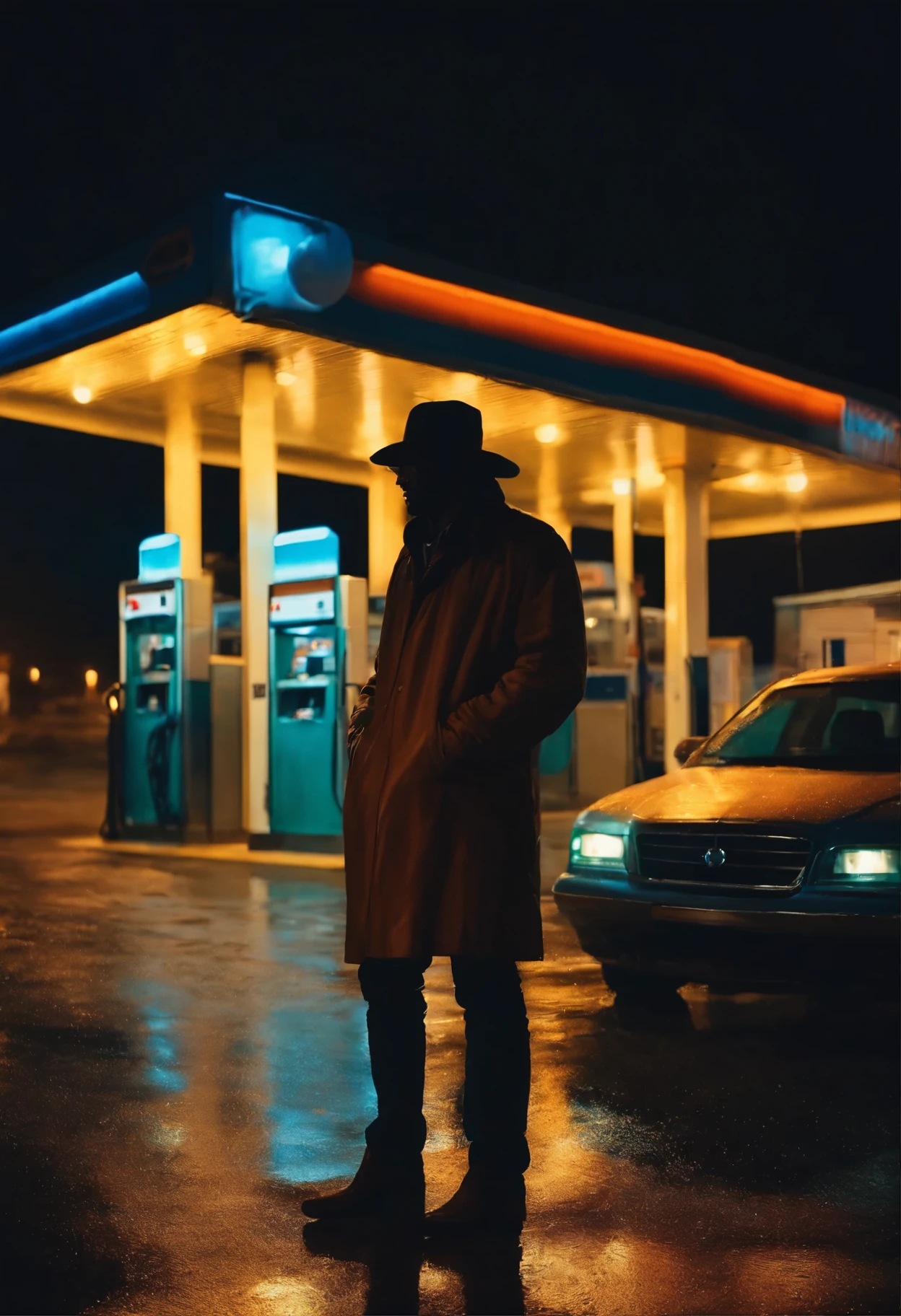 Silhouette of a 6 foot tall man with baggy clothes standing in the rain afar at a gas station with neon lights, the scene is taking place at midnight somewhere lost in a European rural area gas station 