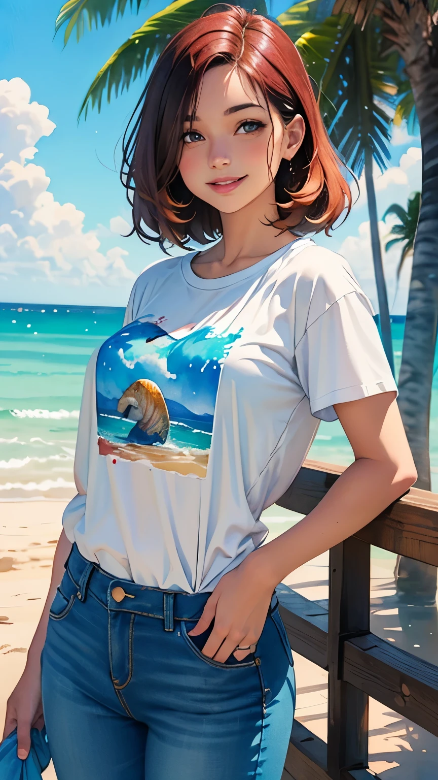 A picture with ocean elements, Marine Animals T-shirt and Jeans, Women focus on the upper body, Multi-colored hair, Big happy smile, Watercolor Art, Watercolor paintsing, Watercolor paintsing style, Watercolor Detail Art, Watercolor Numbers, Watercolor paints, Detailed watercolor painting, Watercolor Art