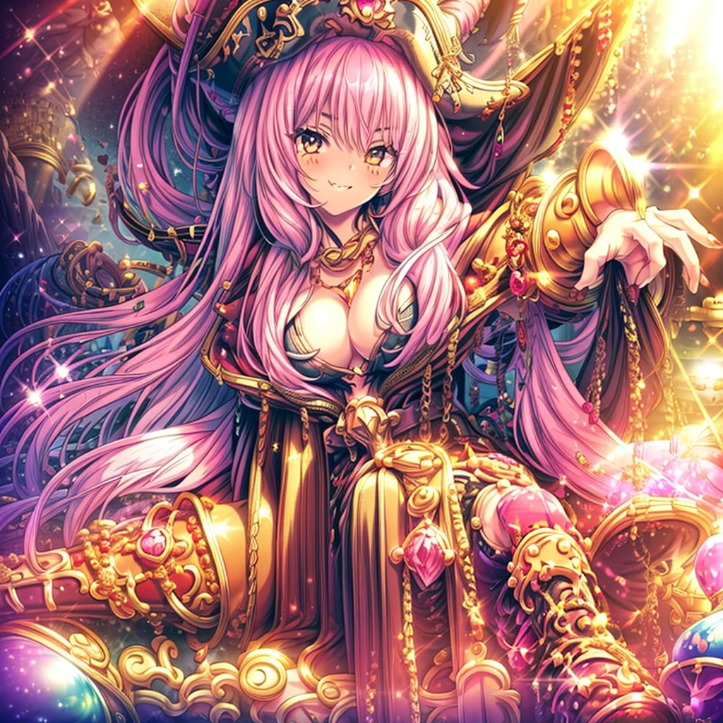 masterpiece, best quality, 1girl, solo, a girl in pirate suit with long hair sitting on the treasures and coins in a cave, (((treasures, jewel, gems, coins))), (glitter:1.3), long hair, pink hair, cleavage, captain hat, boots, frills, long coat, belts, crossed_legs_(lying), smug face, frome below