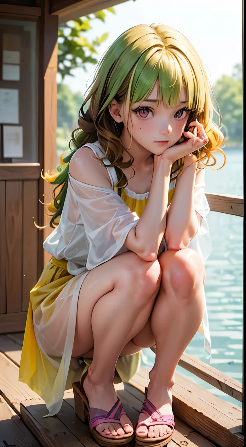 One woman, alone, alone Focus,全身Full Shot,Portraiture,, Beaver,Half water color, Half Green, ((Brown Hair)), (Yellow Hair), (Gradient Hair :1.5), Curly Hair, ((Pink Eyes)), Ultra-detailed eyes, work, White see-through, (Small TI quality, Very detailed,Full Shot,Stand upright in sandals,