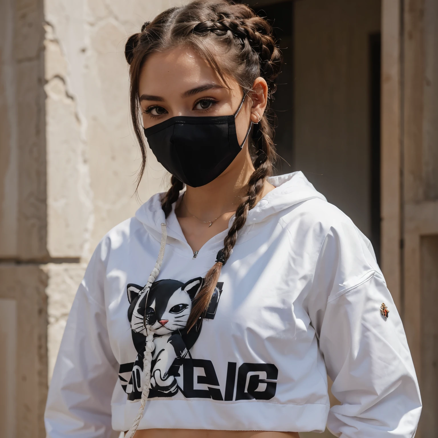 Character with two braided buns, black mask and white details,  blusa branca e um gatinho desenhado no meio e uma jaqueta rosa com detalhes prestos.