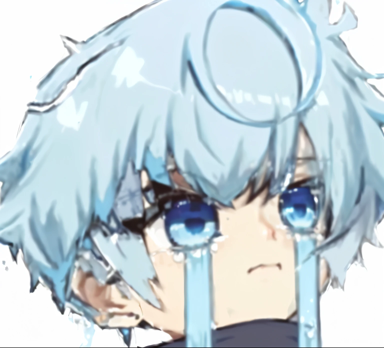 anime boy with blue hair and a blue eye, sad cerulean eyes, tensei shitara slime datta ken, giga chad crying, crying many tears, tsuaii, rimuru, ayanami, , profile shot of rimuru tempest, tired haunted expression, anime moe artstyle, very sad, tears, 2d icon