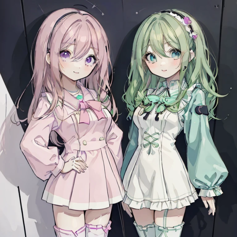 2 girls,Two shots,Character portrait,Mature,【Mint green hair,Long Hair,Curly Hair,Pink Eyes,Round eyes,cute,smile,White idol costume】【Pink Hair,Medium Hair,Curly Hair,Twin tails,cute,Black idol costume】Sailor suit,Knee-high,Lace-up boots,Cyberpunk outfit,Hands on hips,Turning away,gorgeous,Vocaloid,High resolution,highest quality,masterpiece