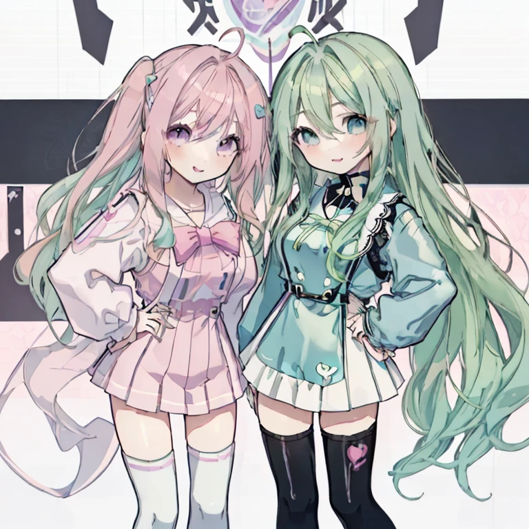 cute anime girl, pastel goth, bunny ears, bright pink and mint green mesh hair, white harajuku gothloli outfit, pink accessories, angel halo, holding chains, striped stockings, kawaii horror, vibrant colors, detailed vector art, playful and creepy, speech bubbles, organized chaos