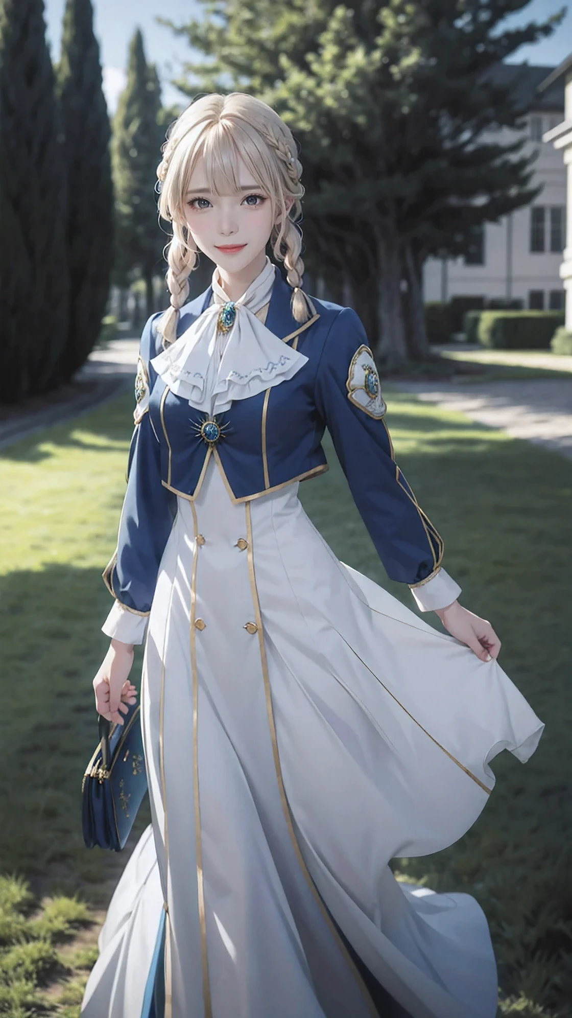 violet evergarden, masterpiece, best quality, full body,1girl, solo, blonde hair, blue eyes, hair between eyes, looking at viewer, ribbon, red ribbon, braid, hair ribbon, jacket, blue jacket, jewelry, bangs, outdoors, brooch, hair intakes, anime coloring, ascot, blurry background, blurry, white ascot, tree, closed mouth, portrait, daygrass