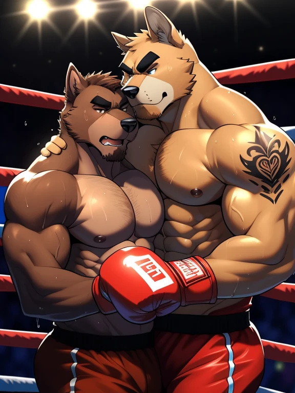 Duo big male fighters(Brown Dog vs Brown Dog, handsomes, Thick eyebrows), beso gay(cuddling necks embraced, side by side, in a boxing match), hot(shirtless), handsomes(They are handsomes, correct anatomy), musculosos(Big muscle bodies, Six packs, muscle abs, big pecs, muscle backs), sweaty(very sweaty wet bodies), tatuajes(they have tattoos), Angry(They have an angry expression), boxing gloves(They both are wearing reds boxing gloves), Hight resolution