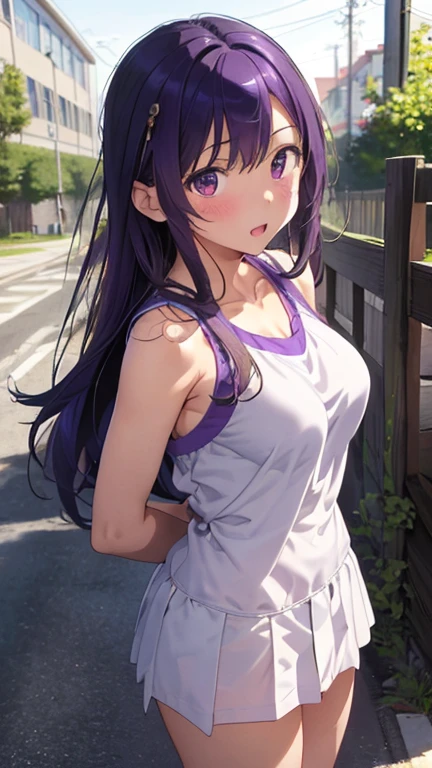 masterpiece、highest quality、Very detailed、Photograph the upper body、1 female、(Arms behind your back:1.4)、Are standing、Turn your body forward、View your viewers、(high school girl:1.4)、break,blush、shy、Purple Hair、Open your mouth、School corridor、Big Breasts、