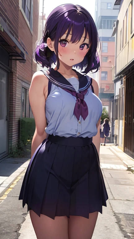 masterpiece、highest quality、Very detailed、Photograph the upper body、1 female、(Arms behind your back:1.4)、Are standing、Turn your body forward、View your viewers、(high school girl:1.4)、break,blush、shy、Purple Hair、Open your mouth、School corridor、Big Breasts、