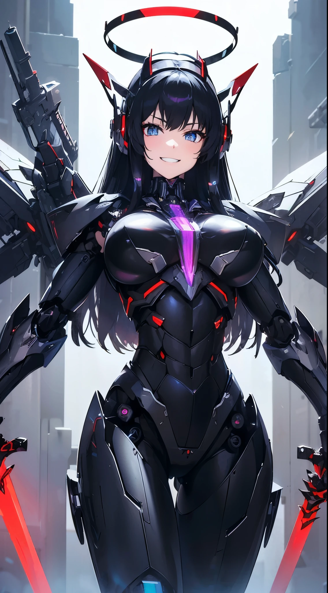Machine eyes glowing red、Grinning
